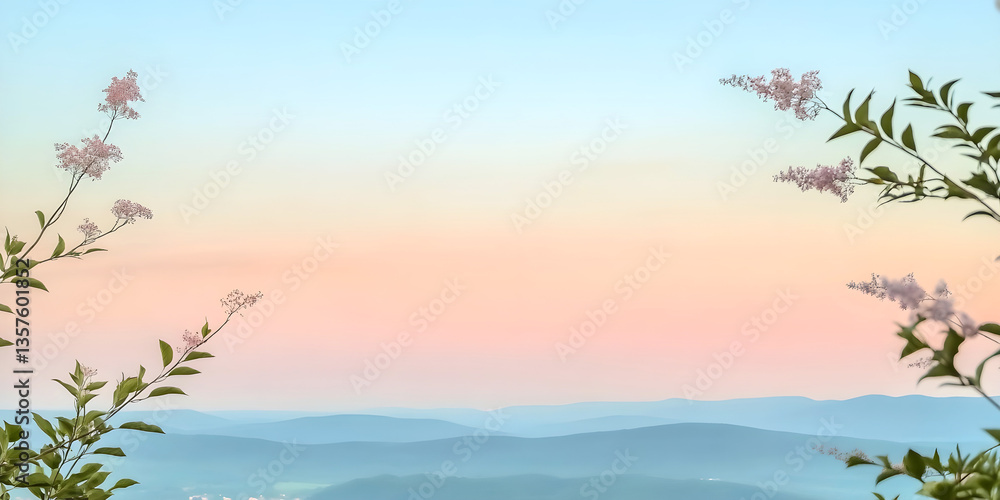 Fototapeta premium Delicate flowering branches framing pastel-colored mountain landscape at sunrise with soft gradients in the sky