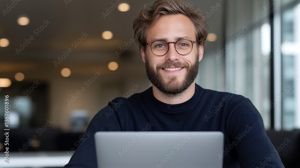 Smiling IT Specialist Working on Laptop in Modern Office Smiling IT Specialist Working on Laptop in Modern Office