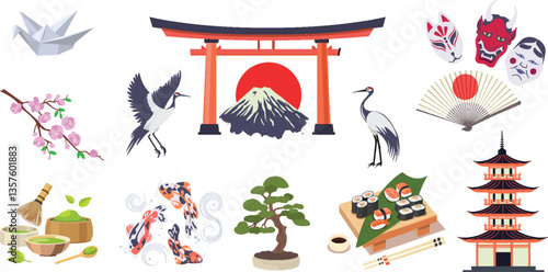 Traditional Japanese culture elements including food, architecture and nature
