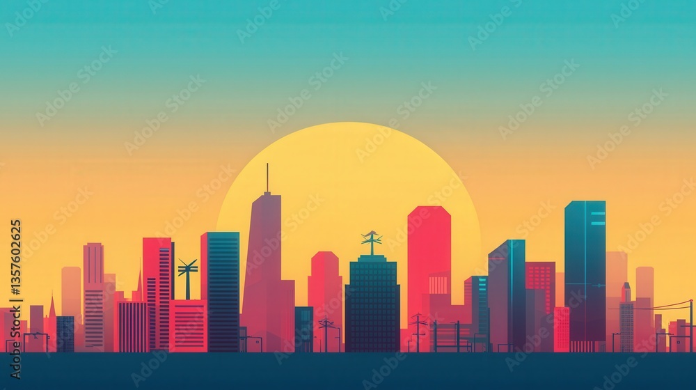 Carbon-neutral cities renewable and innovation, A colorful, stylized city skyline at sunset, featuring various skyscrapers and a large sun in the background, radiating warmth and vibrancy. Carbon-neutral cities renewable and innovation, A colorful, stylized city skyline at sunset, featuring various skyscrapers and a large sun in the background, radiating warmth and vibrancy.