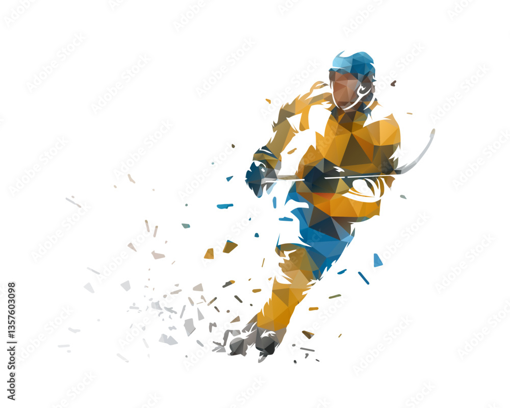 Obraz premium Ice hockey player, isolated low poly vector illustration with distortion effect, front view. Winter team sports, ice hockey