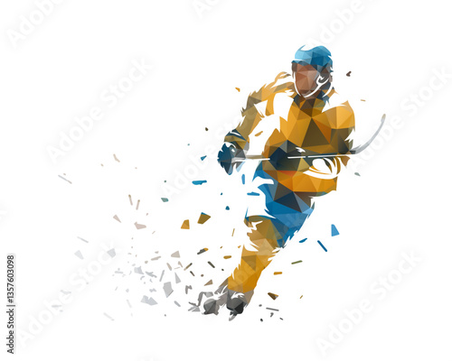 Ice hockey player, isolated low poly vector illustration with distortion effect, front view. Winter team sports, ice hockey