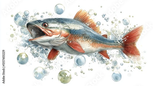 Beautiful pastel blue and red fish jumping out of water amid bubbles in a stunning watercolor-style illustration art piece