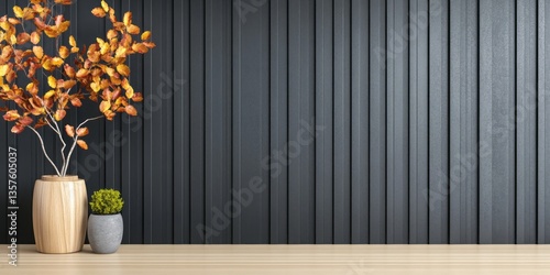 Decorative plants against a paneled dark blue wall background