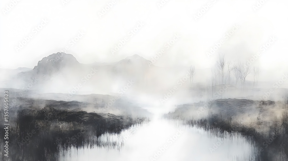 Fototapeta premium Misty landscape with calm river and hills.