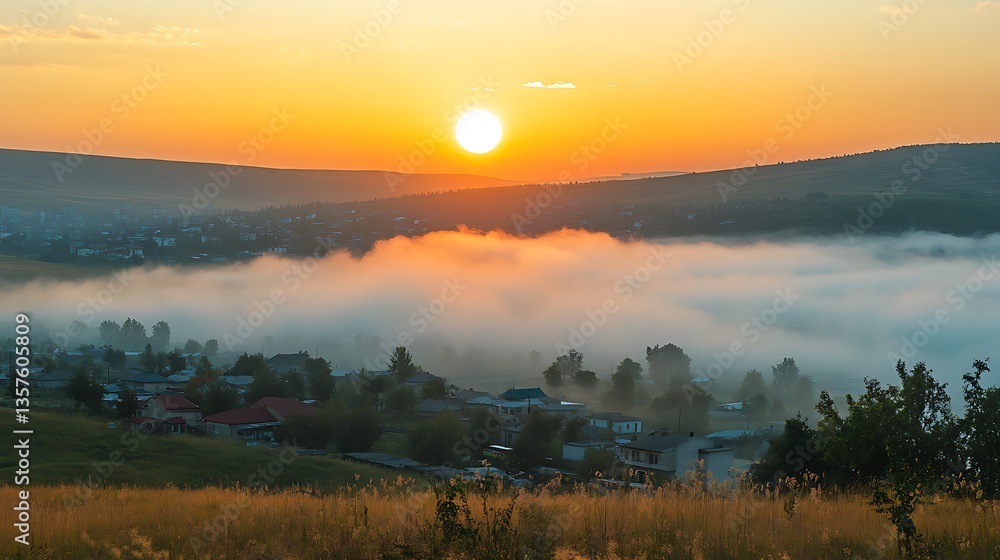Obraz premium Sunrise over Misty Valley Town