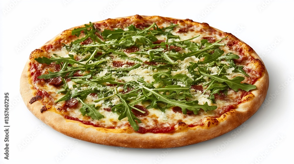 Delicious Pizza with Arugula and Cheese Topping Isolated on White Background Delicious Pizza with Arugula and Cheese Topping Isolated on White Background