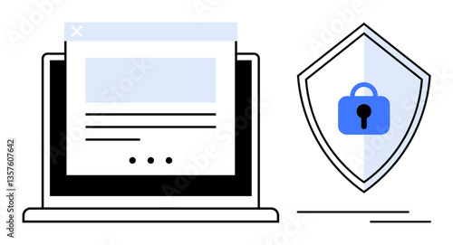 Laptop displaying website page alongside shield with lock icon. Ideal for cybersecurity, online privacy, data protection, internet safety, digital security, secure browsing, antivirus software