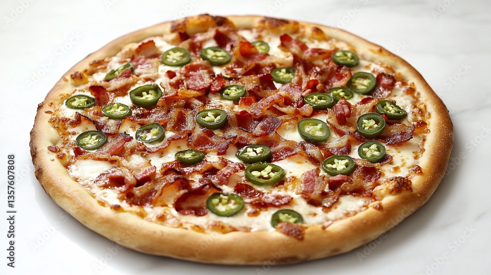 Delicious Bacon and Jalapeno Pizza on a White Marble Background Delicious Bacon and Jalapeno Pizza on a White Marble Background