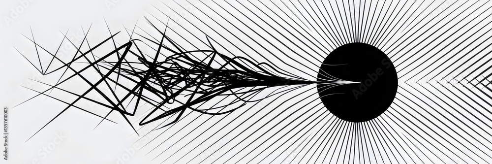 Obraz premium Black-and-white illustration of lines fading into a smooth circle, symbolizing disorder to minimalist perfection