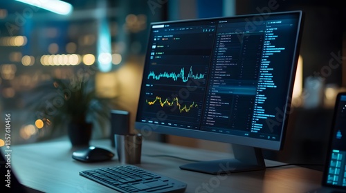 a computer monitor displays a complex data analysis, with graphs, charts, and lines of code. The scene implies a workspace dedicated to technology, data, and analytics