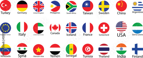 Set of official national flags of the world. Country round shape flags collection. Official coloring signs, countries flag banners. International travel symbols isolated on transparent background.