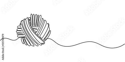 Ball of yarn in continuous one line art drawing style, Clew ball of thread. Continuous one line drawing, Ball of yarn one line drawing, Ball of yarn. Clew ball of thread. Vector illustration, Ball.