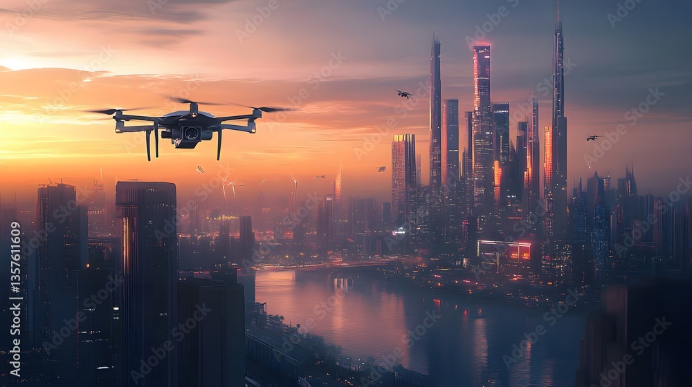 a futuristic cityscape with a drone flying in front of a stunning sunset. The buildings have unique designs, and the sky is painted with warm colors a futuristic cityscape with a drone flying in front of a stunning sunset. The buildings have unique designs, and the sky is painted with warm colors