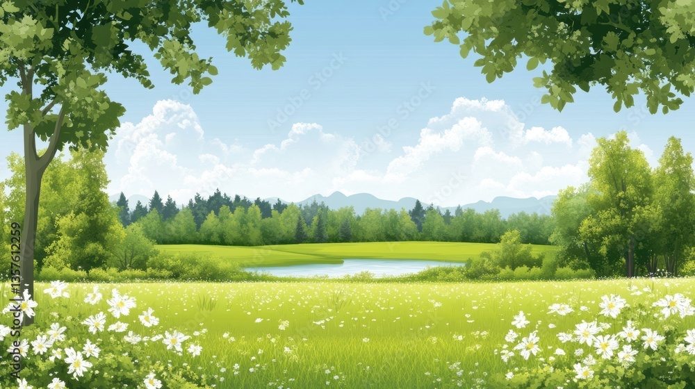 Fototapeta premium A serene landscape featuring a vibrant green meadow, blooming flowers, and a peaceful pond under a blue sky with fluffy clouds, Ideal for nature-themed projects, relaxation