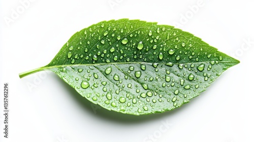 A single green leaf with water droplets on it, isolated on a transparent white background