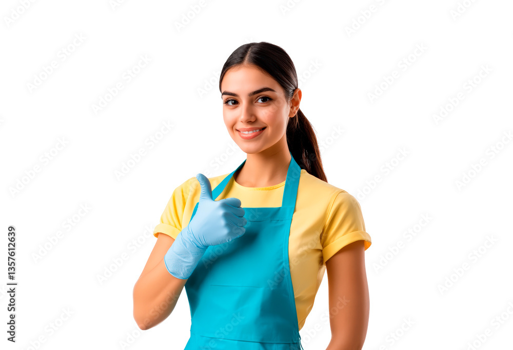 A cheerful woman in a blue apron and gloves is smiling and giving a thumbs up isolated on transparent background A cheerful woman in a blue apron and gloves is smiling and giving a thumbs up isolated on transparent background