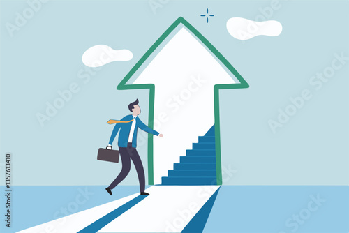 Stairway to new opportunity, success path or open door to career chance, leadership improvement, progress or solving problem concept, businessman open arrow up door to walk up stair to success.
