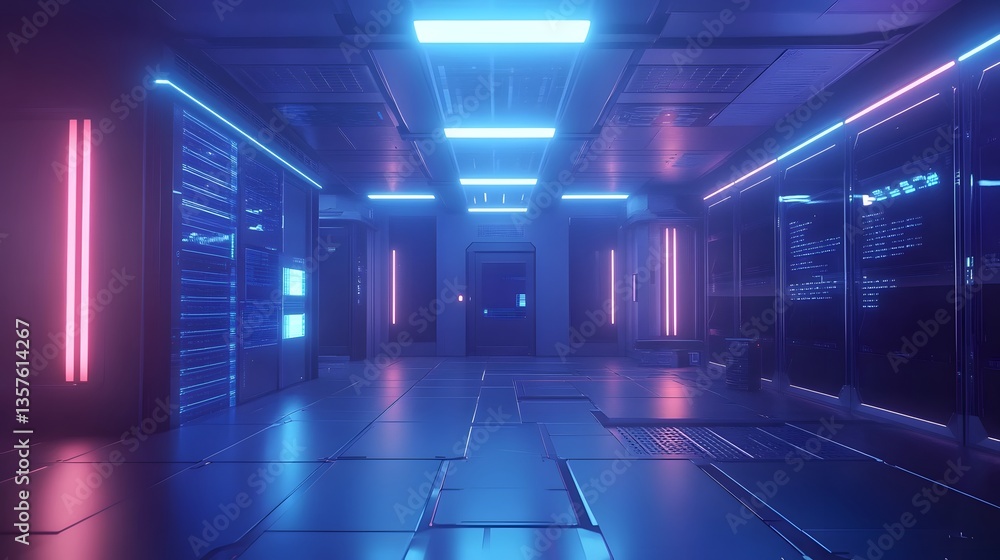 a futuristic server room bathed in vibrant blue and pink neon light, with a sense of advanced technology and data storage. The scene evokes a sense of technological innovation a futuristic server room bathed in vibrant blue and pink neon light, with a sense of advanced technology and data storage. The scene evokes a sense of technological innovation