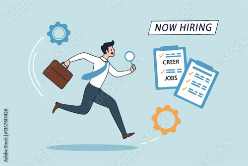 Job seeker, searching for new job, finding new work opportunity, discover vacancy, employment or human resource recruitment, hiring interview concept, businessman with magnifying glass finding job.
