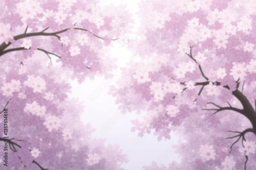 Fototapeta premium Blossoming cherry trees create serene atmosphere with delicate pink flowers, evoking sense of tranquility and beauty in nature