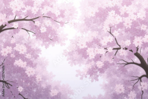 Blossoming cherry trees create serene atmosphere with delicate pink flowers, evoking sense of tranquility and beauty in nature