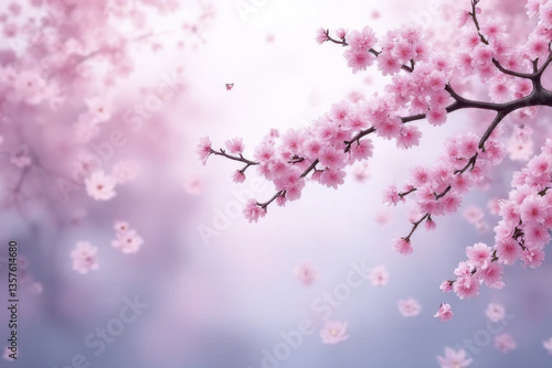 Blossoming cherry blossoms create serene and enchanting atmosphere, with delicate pink petals gently falling in dreamy landscape