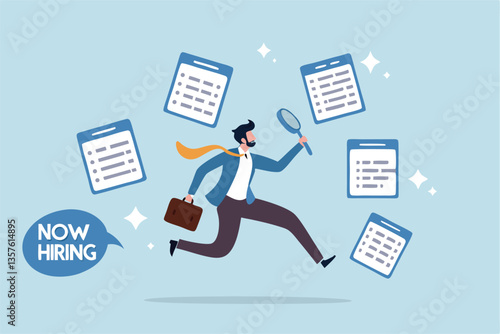 Job seeker, searching for new job, finding new work opportunity, discover vacancy, employment or human resource recruitment, hiring interview concept, businessman with magnifying glass finding job.