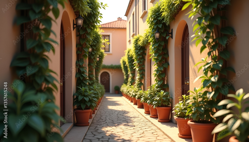 Obraz premium Rustic Mediterranean Alley in Warm Terracotta Tones with Climbing Plants