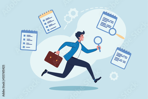 Job seeker, searching for new job, finding new work opportunity, discover vacancy, employment or human resource recruitment, hiring interview concept, businessman with magnifying glass finding job.