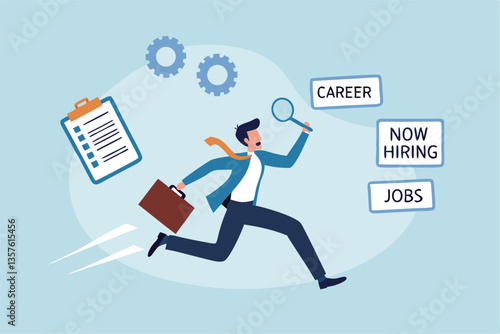 Job seeker, searching for new job, finding new work opportunity, discover vacancy, employment or human resource recruitment, hiring interview concept, businessman with magnifying glass finding job.