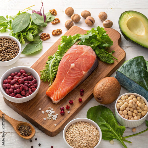 Balanced diet food background. Organic food for healthy nutrition, superfoods, meat, fish, legumes, nuts, seeds and greens