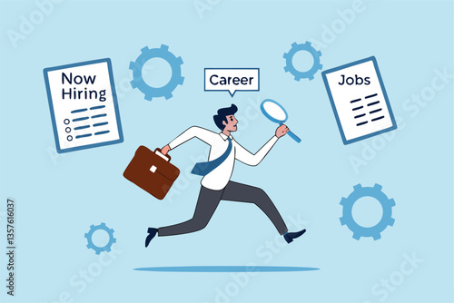 Job seeker, searching for new job, finding new work opportunity, discover vacancy, employment or human resource recruitment, hiring interview concept, businessman with magnifying glass finding job.