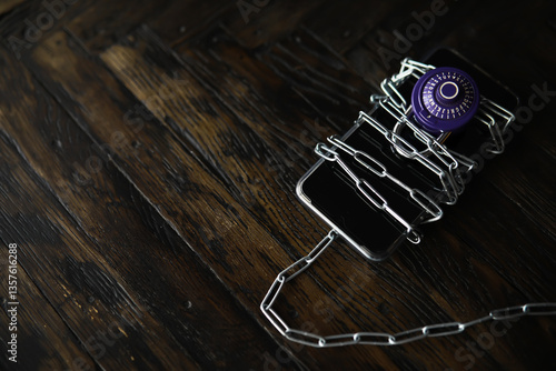 Smartphone Security Concept: Mobile Device Wrapped in Chains with Padlock on Wooden Surface