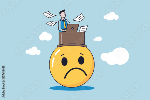 Unhappy employee, dissatisfied work, busy overworked or worried with anxiety depressed, miserable or disappointed career, anxious or burnout concept, unhappy office businessman working on upset face.