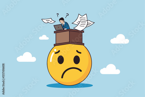 Unhappy employee, dissatisfied work, busy overworked or worried with anxiety depressed, miserable or disappointed career, anxious or burnout concept, unhappy office businessman working on upset face.