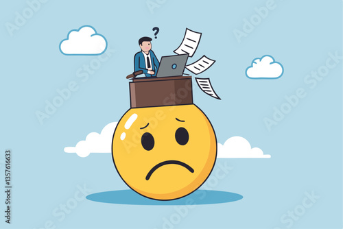 Unhappy employee, dissatisfied work, busy overworked or worried with anxiety depressed, miserable or disappointed career, anxious or burnout concept, unhappy office businessman working on upset face.