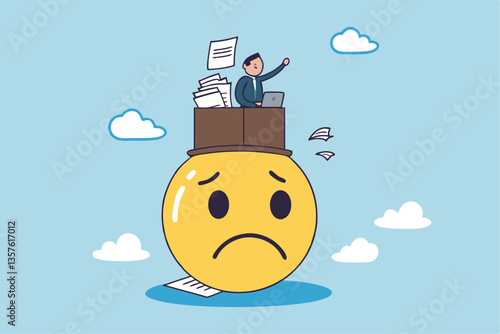 Unhappy employee, dissatisfied work, busy overworked or worried with anxiety depressed, miserable or disappointed career, anxious or burnout concept, unhappy office businessman working on upset face.