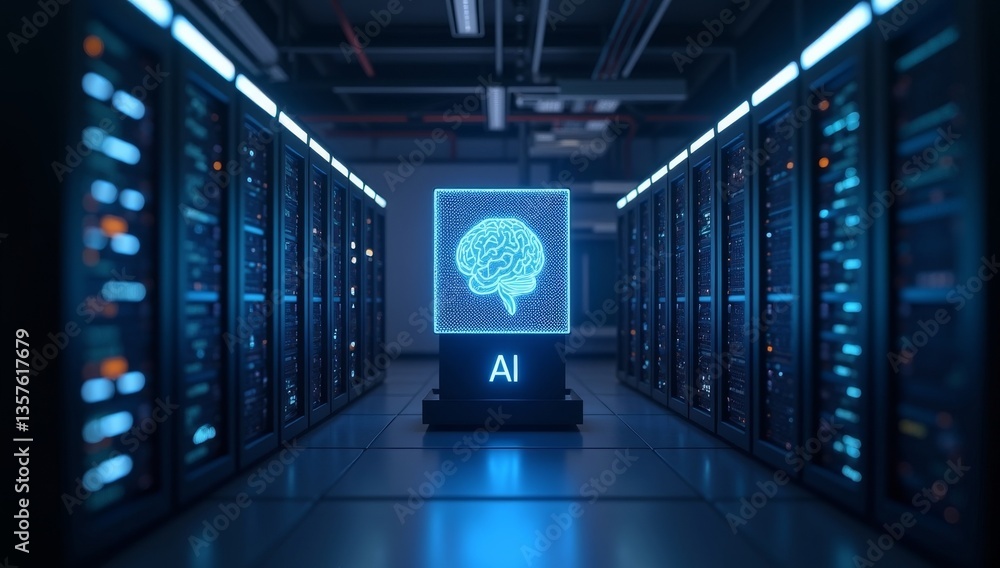 Fototapeta premium 3D rendering of a futuristic data center with a focus on a server rack containing a powerful AI processor. The processor is depicted as a glowing cube with a brain-like structure inside