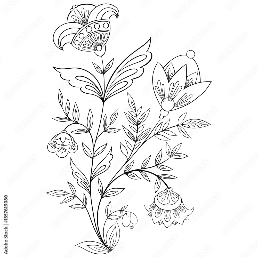 Fototapeta premium Intricate floral line art in folk style