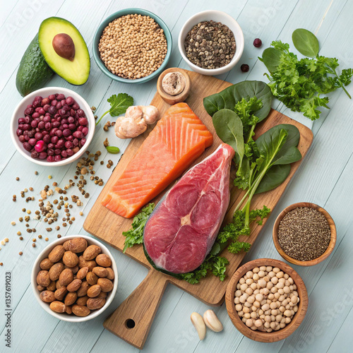 Balanced diet food background. Organic food for healthy nutrition, superfoods, meat, fish, legumes, nuts, seeds and greens