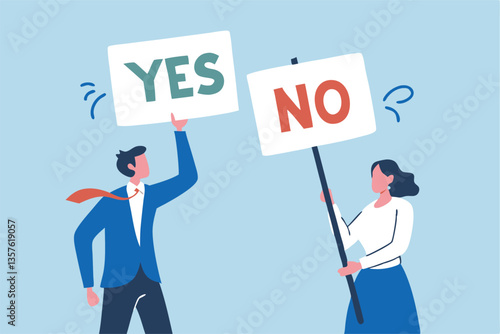 Yes, No argument or disagreement, conflict fight debate, dilemma, dispute or office rivalry war, struggle, negative discussion concept, businessman and woman arguing or fight with yes and no sign.