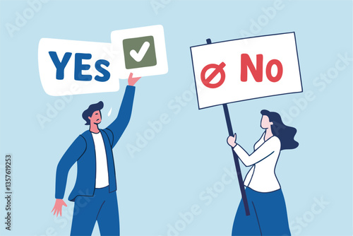 Yes, No argument or disagreement, conflict fight debate, dilemma, dispute or office rivalry war, struggle, negative discussion concept, businessman and woman arguing or fight with yes and no sign.