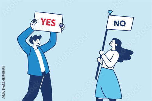 Yes, No argument or disagreement, conflict fight debate, dilemma, dispute or office rivalry war, struggle, negative discussion concept, businessman and woman arguing or fight with yes and no sign.
