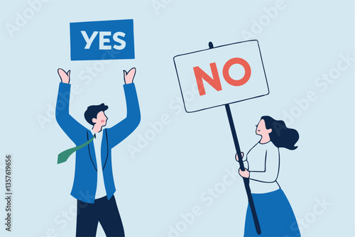 Yes, No argument or disagreement, conflict fight debate, dilemma, dispute or office rivalry war, struggle, negative discussion concept, businessman and woman arguing or fight with yes and no sign.
