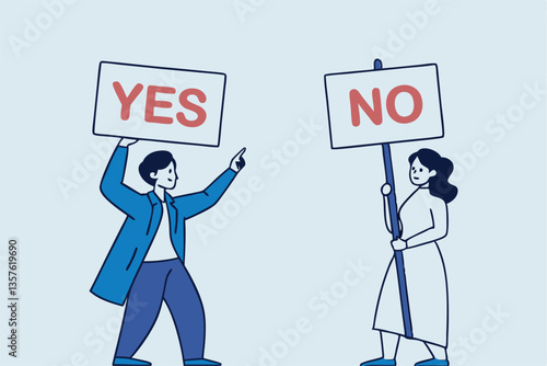 Yes, No argument or disagreement, conflict fight debate, dilemma, dispute or office rivalry war, struggle, negative discussion concept, businessman and woman arguing or fight with yes and no sign.