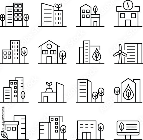 Green City icon set. Includes of eco friendly, sustainable, urban forest, smart city, and More. Outline icons vector collection