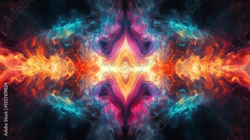 Abstract symmetrical pattern of swirling vibrant colors, resembling fire and smoke.  Intricate, mirrored design with a central focus