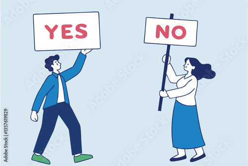 Yes, No argument or disagreement, conflict fight debate, dilemma, dispute or office rivalry war, struggle, negative discussion concept, businessman and woman arguing or fight with yes and no sign.