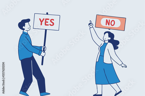 Yes, No argument or disagreement, conflict fight debate, dilemma, dispute or office rivalry war, struggle, negative discussion concept, businessman and woman arguing or fight with yes and no sign.